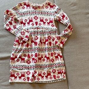 Hanna Andersson Girls Cream and Red Reindeer Print Long Sleeve Dress